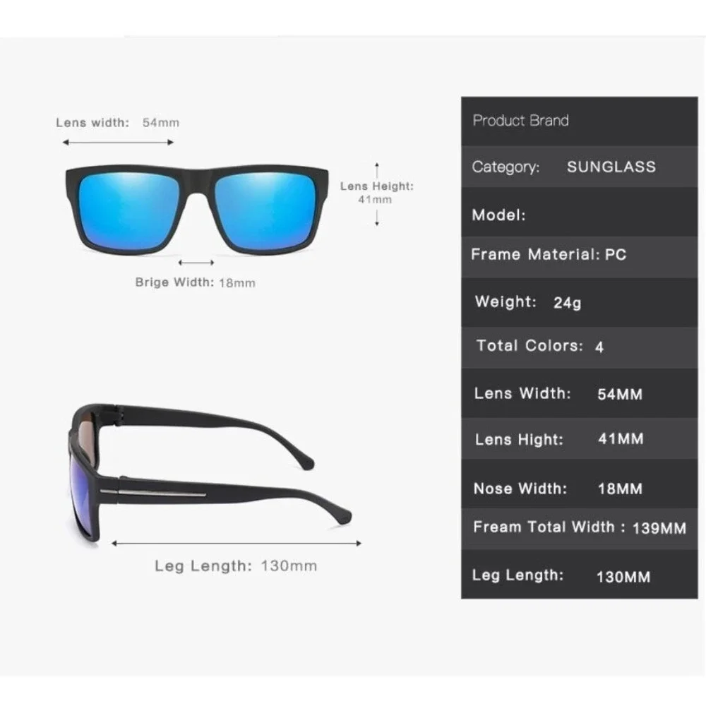 Polarized Sunglasses Men Driving Fishing Square Frame Blue Mirror Lens Gafas New